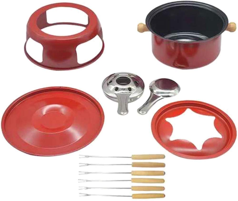 Fondueset - Chocoladefonduemakersset met 6 vorken - Multifunctionele koolstofstalen ijs Hot Pot smeltkroes Fondueset - Ideaal voor kaas/chocolade/vleesfondue-Red