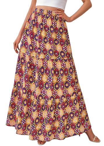 Image of KIRUNDO Maxi Skirts for Women Summer Boho Floral Long Skirt | High Waist Tiered Flowy Skirt, 2026 Spring Fall Fashion, Casual Teacher Outfits, Beach Vacation Clothes, Cruise Resort Wear