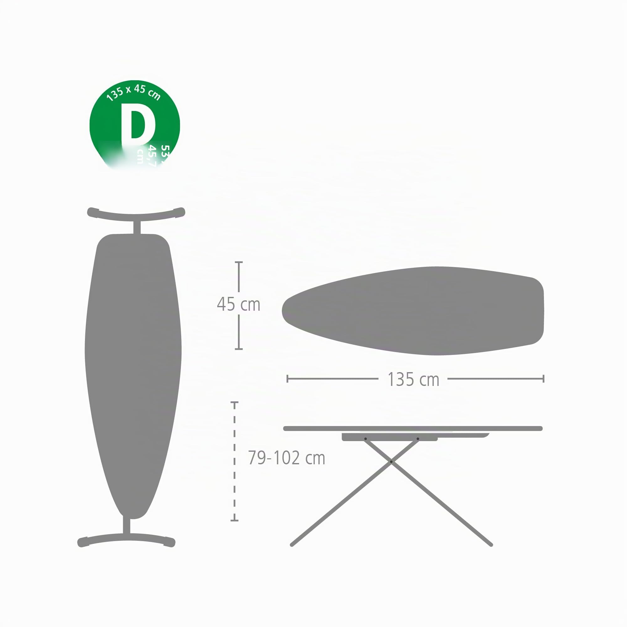 Brabantia Bügelbrett D, 135 x 45 cm – Denim Black | 100% Fairtrade-Baumwolle | XL Bügelbrett, breite Oberfläche | Hitzebeständige Zone für Dampfgeneratoren | Faltbarer Bügeltisch mit Sitzmöglichkeit