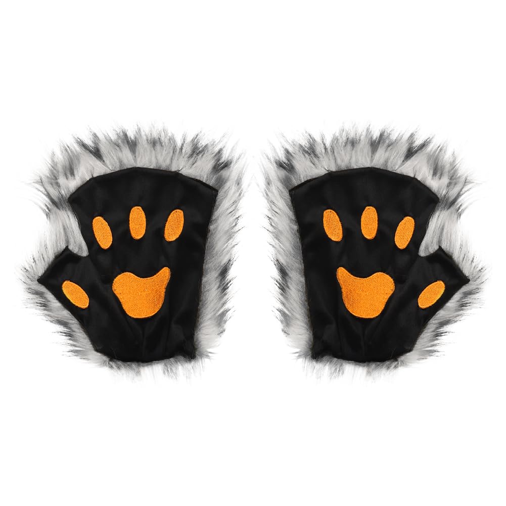 Halloween Furry Cat Claw Gloves Plush Warm Half Finger Mittens Animal Wolf Paw Bear Claws Gloves Fancy Dress Cosplay Hand Warmer for Halloween Carnival Party grey