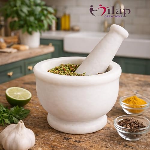 Image of White Marble Mortar and Pestle Set Stone 4 Inch, Khalbatta, Kharal, Okhli, Musal Kitchen Tool for Crushing Grinding Ingredients