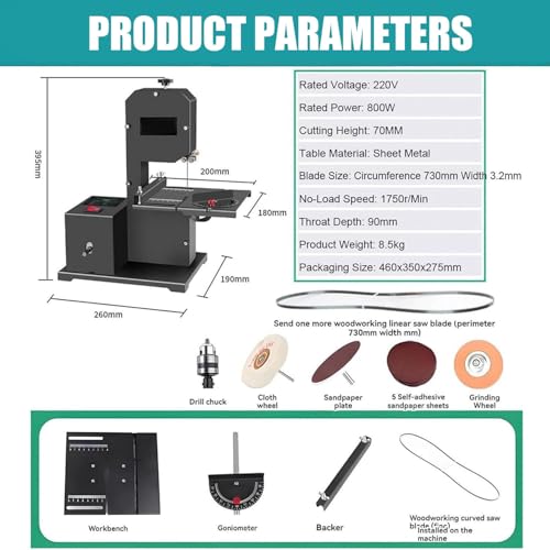 Sierra profesional de la banda del sobremesa 800W, máquina portátil de la carpintería con la altura de corte de 70m m y la garganta de 90m m.Mesa de inclinación para curvas y cortes rectos en pequeños