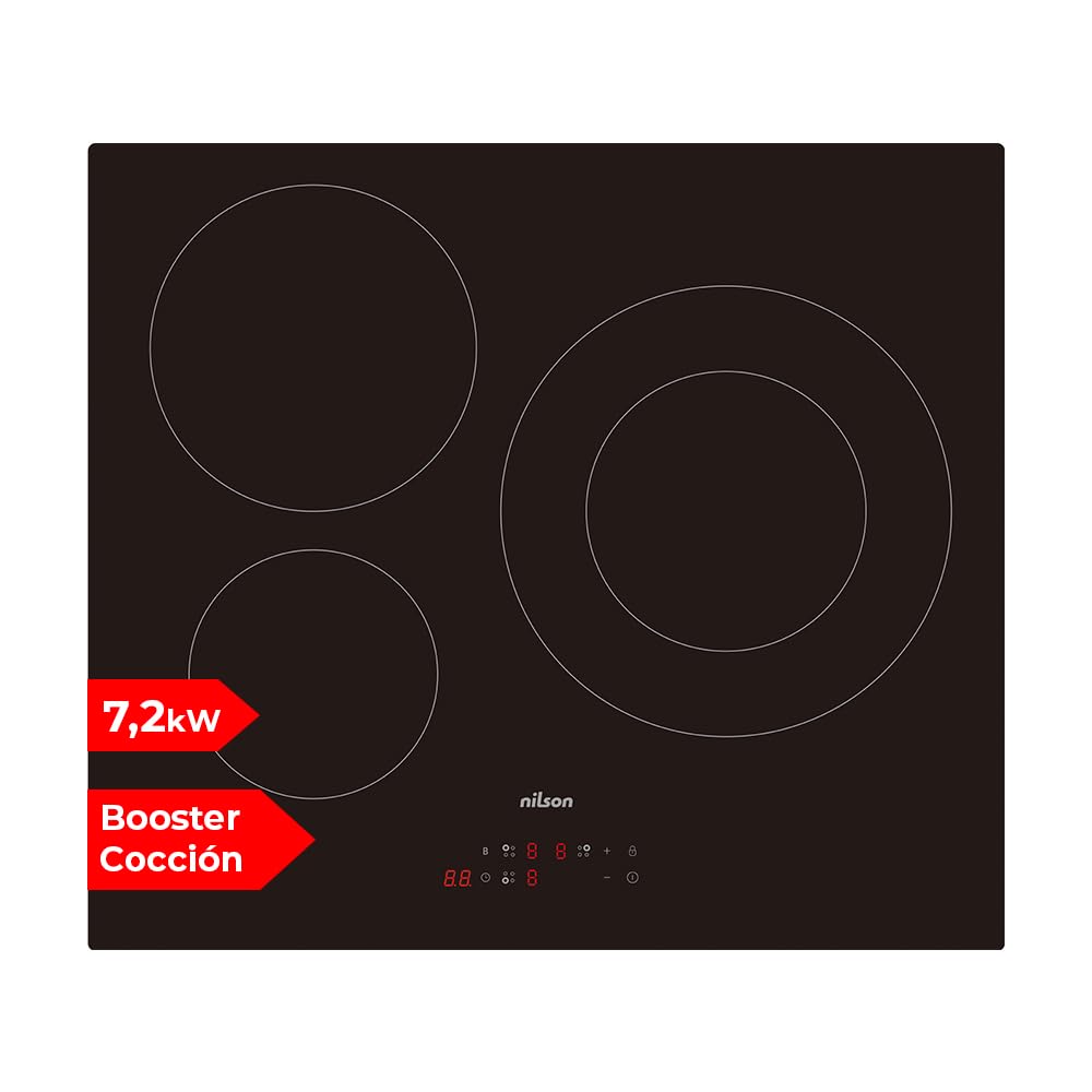 NILSON Induction Hob Black Glass NI3600. Maximum power 7200 W, 3 Cooking Zones, 1-9 Cooking Levels, Touch Control, Turbo Function, Lock and Safety Self-Disconnection