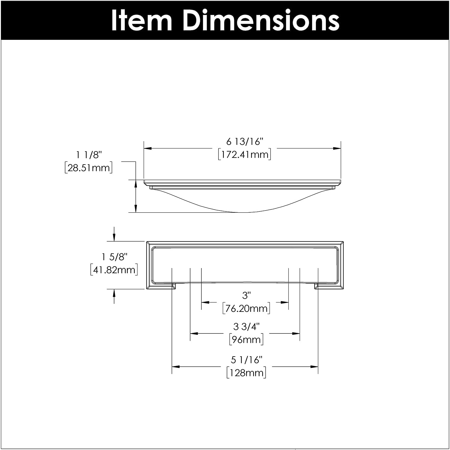 Hickory Hardware 1 Pack Solid Core Kitchen Cabinet Pulls, Luxury Cabinet Handles, Doors & Dresser Drawers, 3 Inch, 3-3/4 Inch (96mm) & 5-1/16 Inch (128mm) Hole Center, Matte Black, Dover Collection