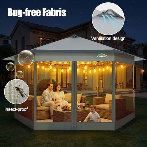 Image of COBIZI 16x16 Pop Up Gazebo Tent with Mosquito Netting, Gazebos on Clearance, Hexagonal Outdoor Canopy Shelter, Patented Center Lock 6-Sided Portable Gazebos, Pop Up Canopy Tent for Backyard, White