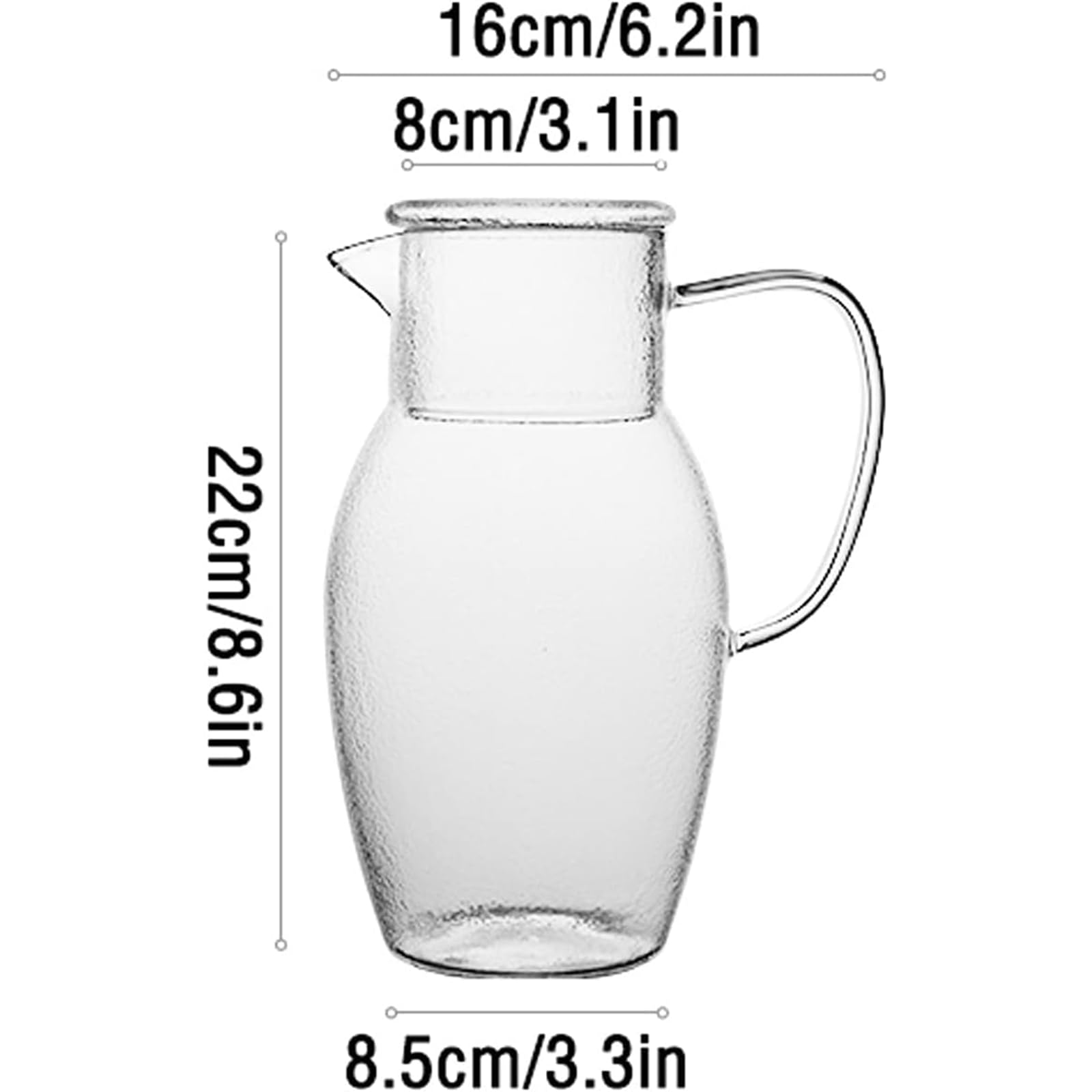 Wasserkaraffe 1,5-l-Wasserkrug, Kaltwasserflasche mit Verbrühschutzgriff, hochtemperaturbeständiger gehämmerter Krug, kalte Teekanne aus Glas für Kaffee/Saft Getränkespender