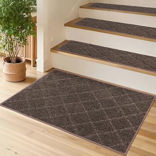 COSY HOMEER Edging Stair Treads Non-Slip Corner Indoor Stair Runners for Wooden Steps,Landing Slip Resistant Stair Rugs for Kids and Dogs, 100% Polyester TPE Backing,Brown,20"X32" Brown 20×3