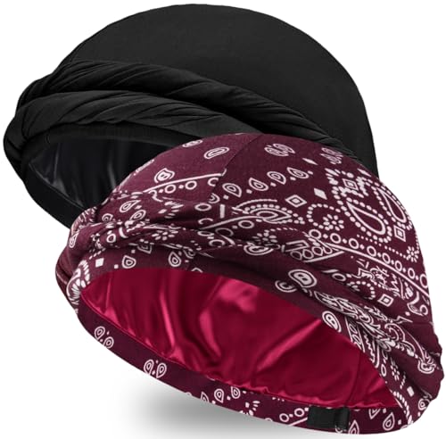 Ababalaya Upgraded Satin Lined Halo Turban Wave Cap, BlackPaisley-R, 2PCS