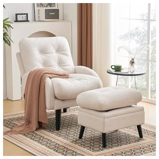 ELUCHANG Accent Chairs with Ottoman, Upholstered Comfy Armchair with Adjustable Backrest&Storage Footrest, Lazy Chair Reading Chair Leisure Sofa Recliner for Living Room Bedroom (White - Teddy Fabric)