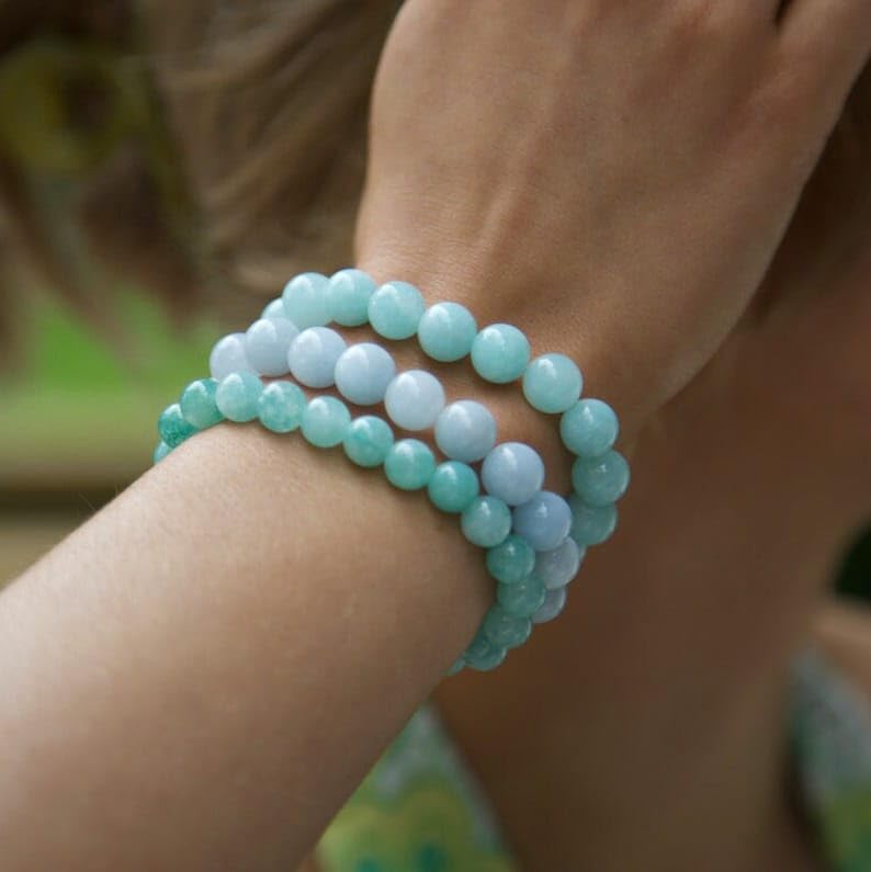 Bracelet perles aigue-marine 10mm bracelet extensible en cristal mixte - 4