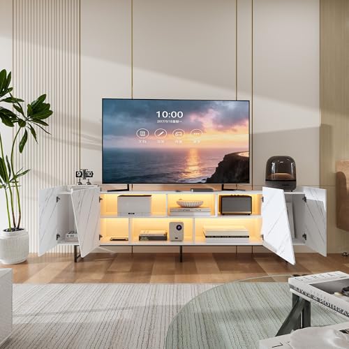 Mueble de TV con 4 puertas, para televisores de hasta 65 pulgadas, con chimenea LED, mueble de TV con espacio abierto, armario para salón, comedor, dormitorio (blanco)