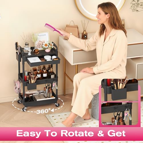 Image of Goovilla Rolling Makeup Organizer Cart with Removable Drawer, 3 Tier Stable Black Floor Skincare Storage Cart for Vanity, Cosmetic Display, Nail Polish, Perfume, Hair Stuff, Beauty, Bathroom(Plastic)