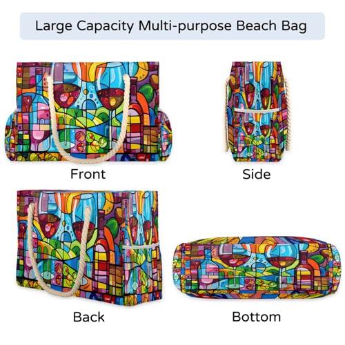 Colorful Abstract Wine Glass Beach Bag for Women Ladies Large Beach Pool Tote Bag Sandproof Beach Tote with Zipper Gym Tote Carry On Bag Reusable Grocery Shopping Bag for Weekender Travel Daily4