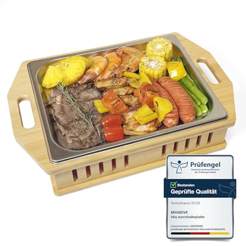 MsisieIve BBQ Warmhalteplatte Teelicht,Warmhalteplattes Grillgut Teelicht,Fleischwarmhalter FüR Grillen,BBQ Warmhalteplatte Personalisiert (Rahmen in Bambusfarbe)