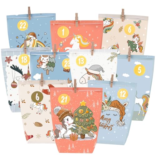 Adventskalender tüten zum Befüllen 2025, 24 bedruckte Geschenktüten,Adventstüten zum selbst füllen, Geschenk Papiertüten mit Zahlen Aufkleber zum Selbstbefüllen, Wiederverwendbar