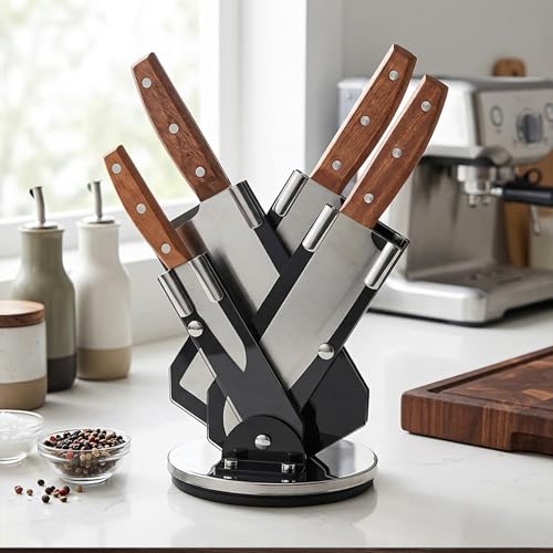 Image of HomeEssentials 4-Piece Stainless Steel Knife Block Set, 360 Rotating Swivel Base, Ergonomic Rosewood Handles & Fan-Style Protective Sheaths - Professional Chef Knife Set for Contemporary Kitchens