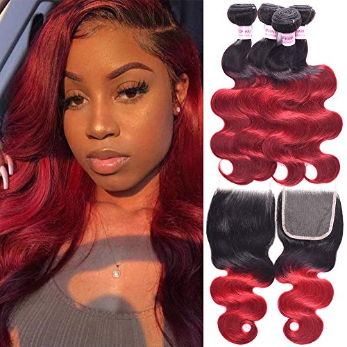 Wavy Human Hair Bundles With Closure Brazilian Ombre Wine Red Human Hair Weave Bundles Body Wave 1B/Burg(18"20"22"24"+16"closure)