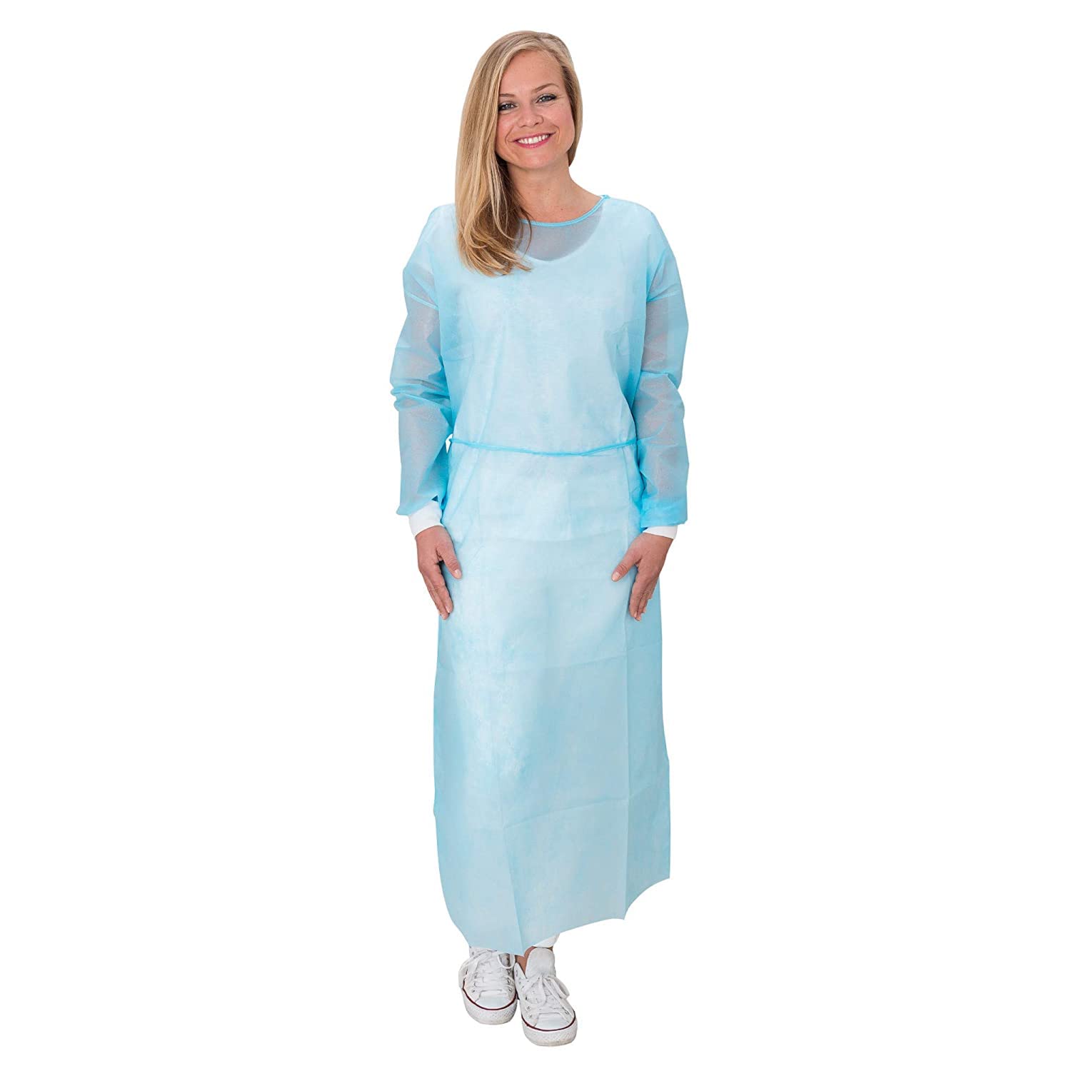100 camici anti-infezione in tessuto non tessuto | blu | EN 14126 PE laminato | Polsini a maglia | Camice protettivo in PP 140 x 135 cm (centri di test di camice usa e getta e ospedali)