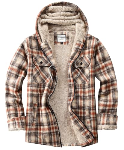 WINDFIT Women's Full Zip Fleece Flannel Jacket Plaid Sherpa Beige