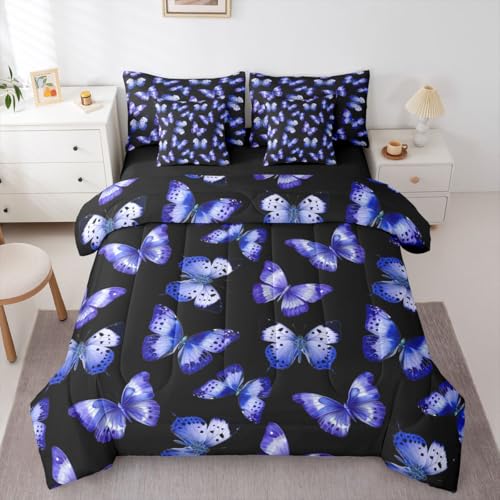 Image of Purple Butterfly 7 Pieces Bedding Set Twin Size,Flying Butterflies Bed in a Bag,Watercolor Oil Painting Bed Set Includes Comforter,Sheet Set,Pillowcases & Pillow Covers,Modern Aesthetic Bedroom Decor