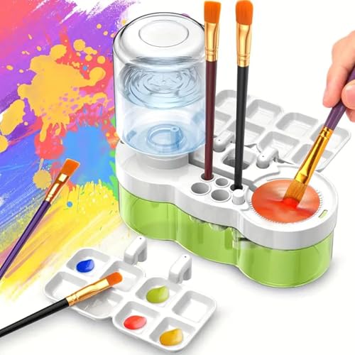 Image of Parssufy Paint Brush Cleaner with Paint Tray, 6-in-1 Water Circulation Rinser Paintbrush Cleaner with Drain & Brush Holder, Watercolor Dispenser & Paint Palette, Paint Brush Washer (White)