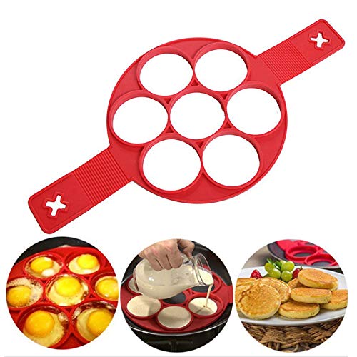 Pancake Mold Maker, Fried Egg Mold Ring Muffin Pancake Mould 2 Set 11Cavity Reusable Silicone Non-Stick Pancake Molds Ring?Round/Star/Flower/Heart Shape?Red?