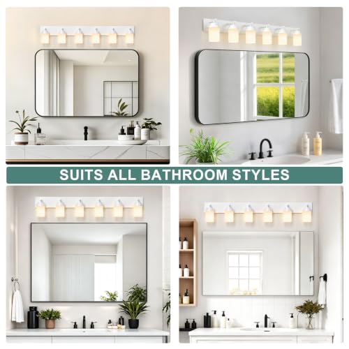 Image of IZORRO Bathroom Light Fixture White, White Glass Shade 46-Inch 6-Light | Bathroom Light Fixtures Over Mirror, Modern Farmhouse Vanity Lights, Rustic Restroom Lighting Fixtures