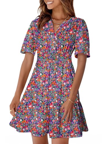 Image of Dokotoo Womens Summer Dresses 2026 Boho Floral Short Sleeve V Neck Smocked Waist Casual A-Line Swing Mini Dress Sundress
