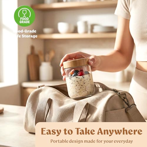 Image of EDELHAUS Overnight Oats Containers with Lids - Glass Mason Jars, Meal Prep | Bamboo Wood, Airtight Silicone Seal Set of 4 - Stackable for Chia Pudding, Yogurt, Cereal, Oatmeal, Salad, Pantry Storage