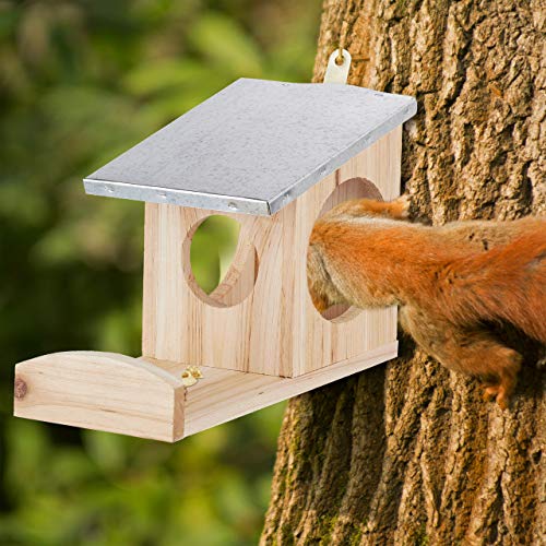 Relaxdays Eichhörnchen Futterhaus, Kobel aus Holz, wetterfestes Metall Dach, zum Aufhängen, Garten Futterstation, braun, Dunkelbraun