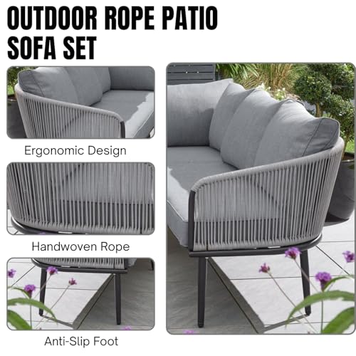 Image of DEVOKO Outdoor L-Shaped Conversation Sofa Set Rope Woven Design Patio Furniture Set Includes Cushions and Center Table (Grey)