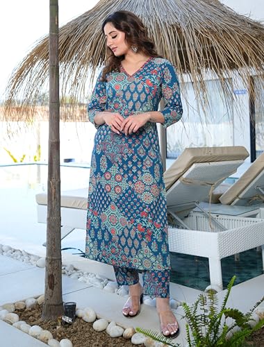 Image of Arayna Women's Pure Cotton Printed Kurta Set with Pants | Ethnic Indian Wear | 3 /4 Sleeves | Summer Outfit