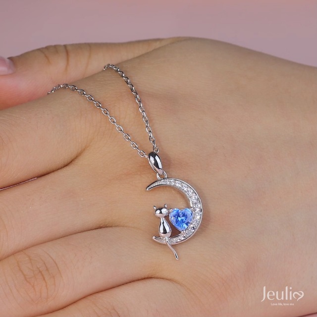 Amazon | [Jeulia] 誕生石ネックレス｜月と猫のハートペンダント