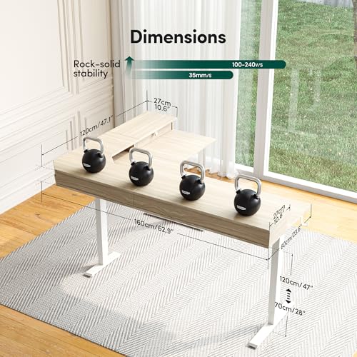Image of CubiCubi L Shaped Standing Desk with Drawers 63 x 48 Inch Adjustable Height, Electric Corner Desk with Storage, Sit Stand Home Office Desk with Splice Board, Light Walnut