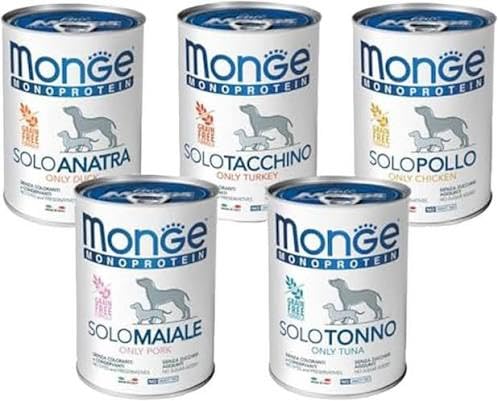 Monge solo Cibo Umido Monoproteico Cani - 24 Lattine x 400gr - Alimento Completo Grain Free (24, gusti misti)