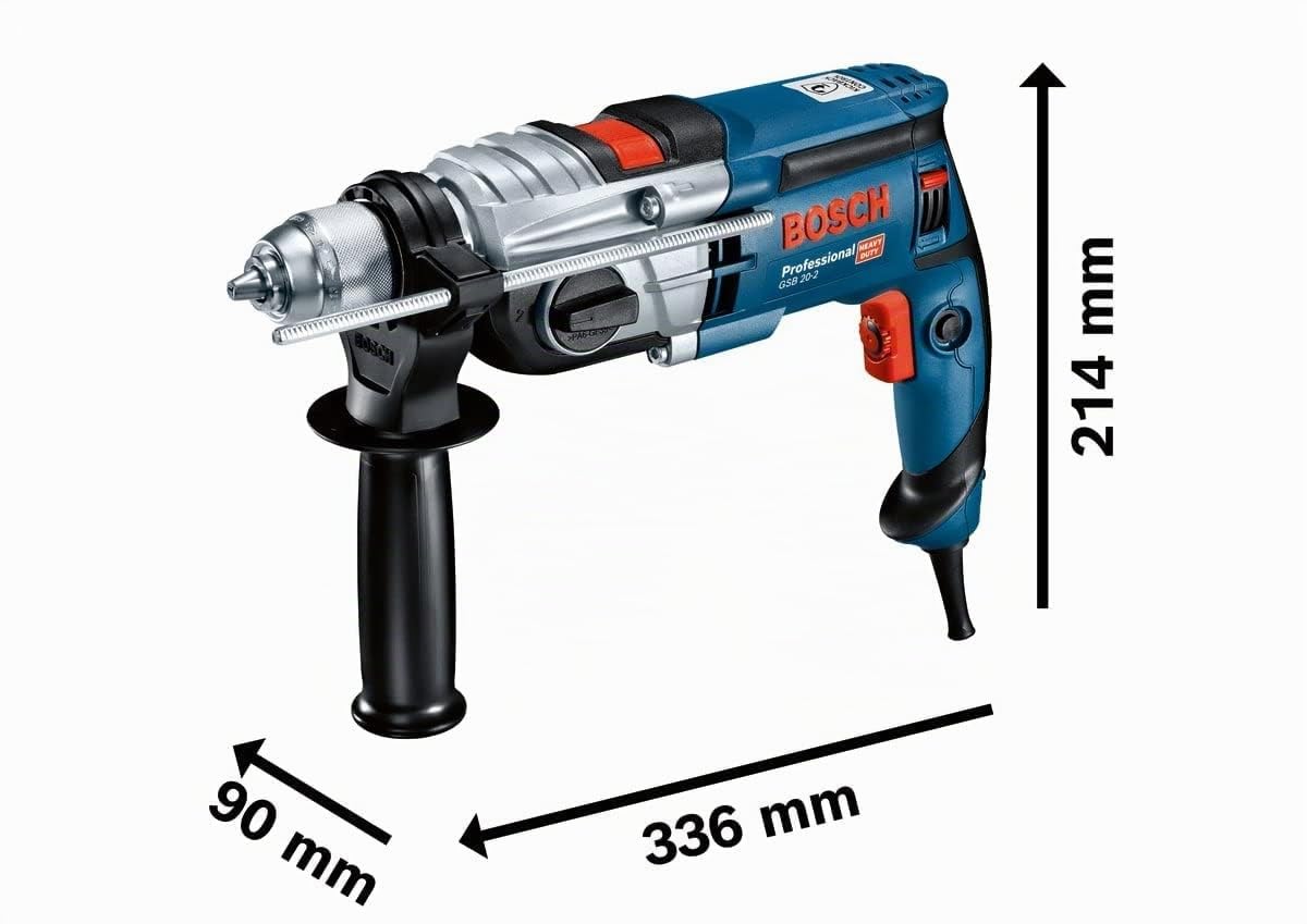 Bosch Professional perceuse à percussion GSB 20-2 (puissance 850 W, régime à vide 3 000 tr/min, avec butée de profondeur, mandrin automatique, poignée auxiliaire, L-Case, set d’accessoires)
