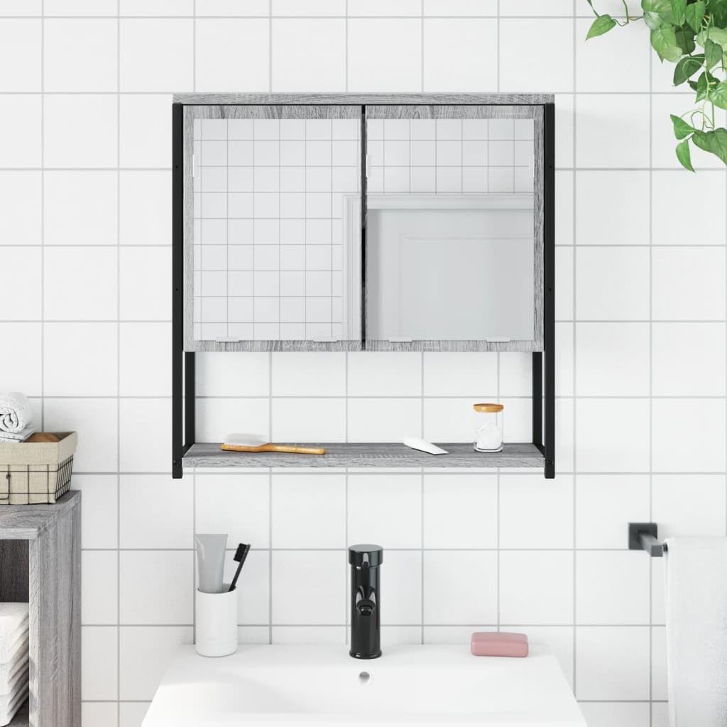 Badezimmer Spiegelschrank Grau 60x16x60 cm Holzwerkstoff mit Stauraum, Wandmontage für kleine Räume, klare Glas-Spiegelfläche für Make-up und Rasur