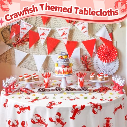 Image of Hahafelt 6 Pcs Crawfish Plastic Tablecloth 84 Inch White and Red Round Disposable Lobster Table Cover Circular Seafood Crayfish Table Cloth for Crawfish Boil Party BBQ Kitchen Decoration