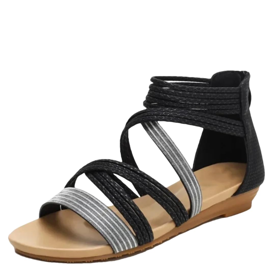 Sandalias de gladiador con cremallera en la espalda y tacón de cuña para mujer, con parte superior de poliuretano, estilo bohemio, para verano