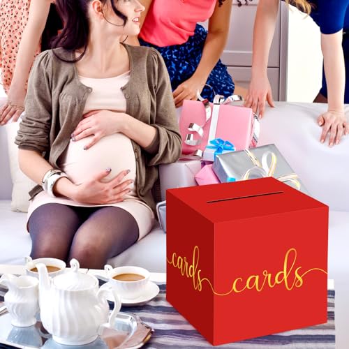 Image of Hooqict Red Gift Card Box with Slot 9.1 inch Gold Foil Card Box for Party, Graduation, Wedding Reception, Birthday, Christmas, New Year, Raffle Ticket Money Envelope Holder