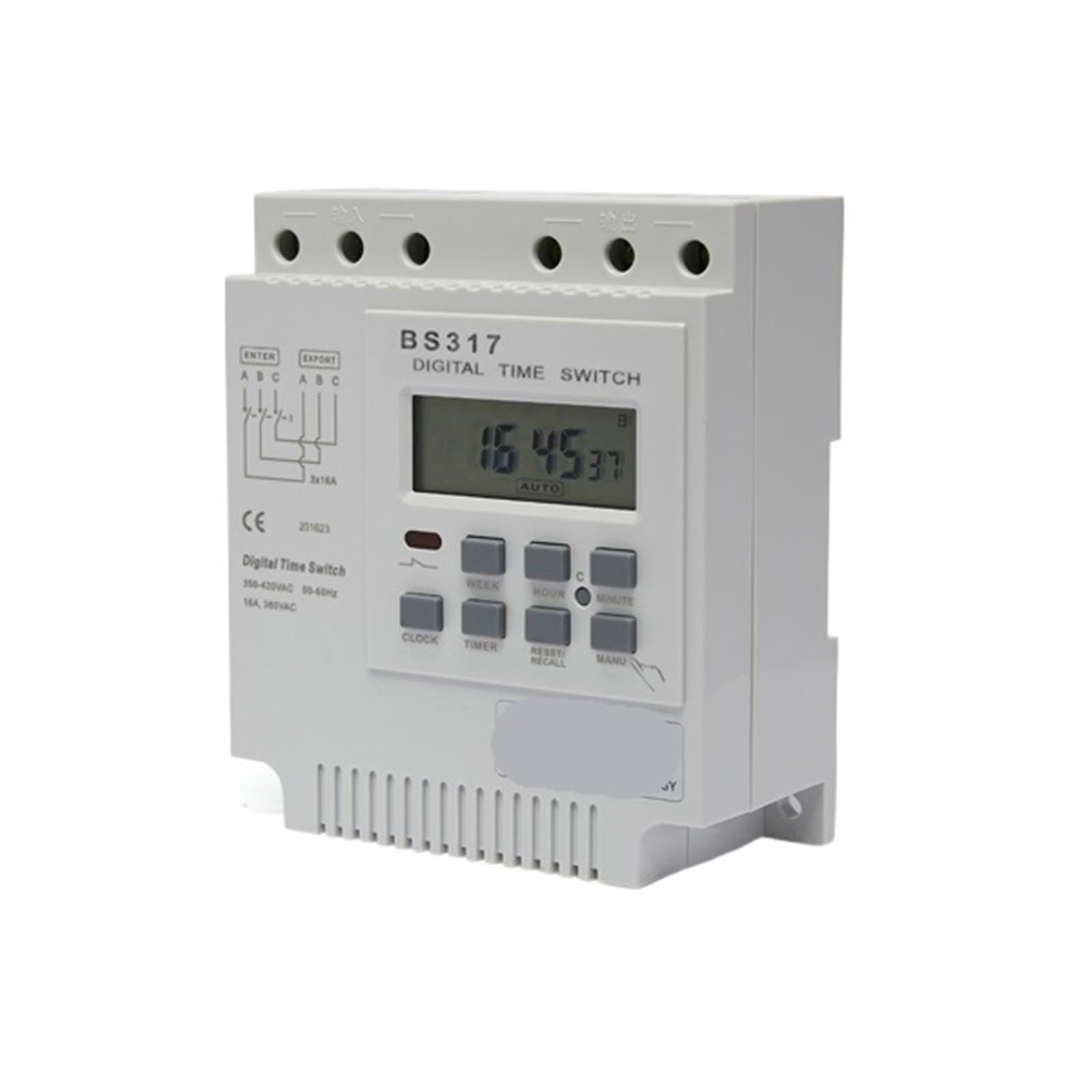 1 Interruptor horario Digital trifásico de 25 A y 380 V con 16 ciclos de Encendido/Apagado Diarios y un Rango de Ajuste de 1 Minuto a 168 Horas.