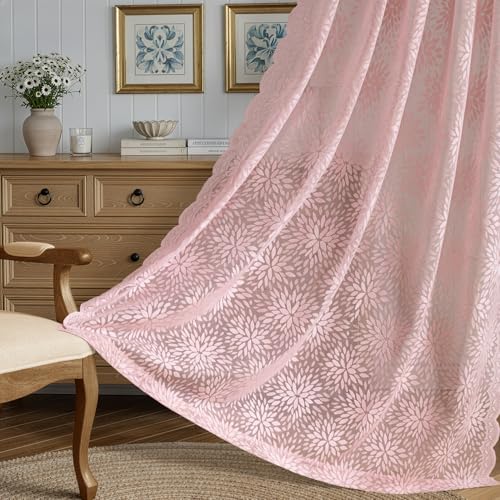 Image of MIULEE Vintage Floral Scalloped Lace Curtains, Light Pink 52 inch W x 36 inch L