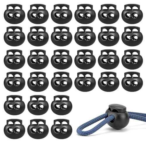 JIUZI 30 Pcs Black Plastic Spring Cord Lock Toggle Stopper Double Hole Drawstring Cord Lock Fastener for Hoodies Paracord Shoelaces Elastic Ropes and Bags