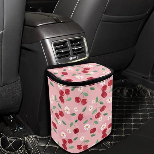 Image of Car Trash Can with Lid - Leak-Proof Garbage Bin, Hanging Waste Basket, Interior Organizer Bag, Cherry Daisy