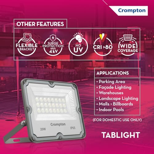 Image of Crompton TabLight | Outdoor Waterproof LED Flood Lights | 20W | IP 65 | Cool White | Pack of 10 | Wide Beam Angle | BIS Approved | for Garage, Parking, Shops & Outdoor Lighting (2 Years Waranty)