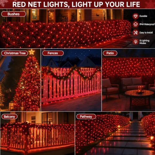 Image of Dazzle Bright Christmas Net Lights, 360 LED 12FT x 5 FT Transparent Wire Waterproof Connectable String Lights with 8 Modes Christmas Outdoor Lights for Bushes Garden Party Holiday Decoration (Red)