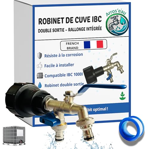 Robinet Cuve 1000L 1/2 S60X6 IBC- Extension Intégrée, raccord cuve 1000 litres, Double Sortie avec Rallonge Raccord Rapide & Étanche – Idéal pour Jardinage, Remplissage et Arrosage simultané