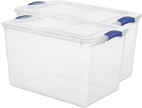 Paquete de 2 contenedores de plástico transparente de 66 cuartos de galón con tapas de pestillo azul, contenedores para organización del hogar,