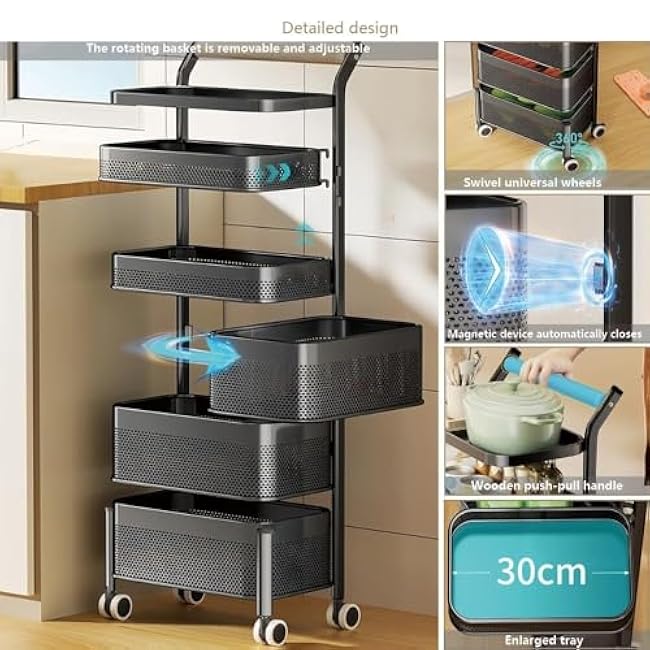 Multilayer Rolling Cart with Lockable Wheels, Metal Storage Baskets Trolley with Adjustable Height for Kitchen, Bedroom, or Living Room-sdhkSmKT