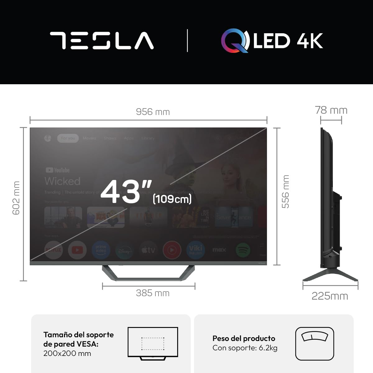 TESLA QLED Smart TV 43 Pulgadas Full HD Compatible con Google TV y Google Assistant - Dolby Audio, HDR, WiFi y Bluetooth, Apps y Chromecast Integrado, 3 HDMI, DVB-T2/S2/C, Color Negro (43")